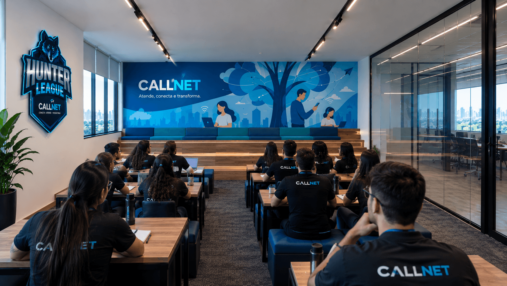 Sala de treinamento da Hunter League na CallNet, com arquibancada de madeira, mural CallNet ao fundo, símbolo Hunter League na parede lateral e equipe uniformizada em treinamento.
