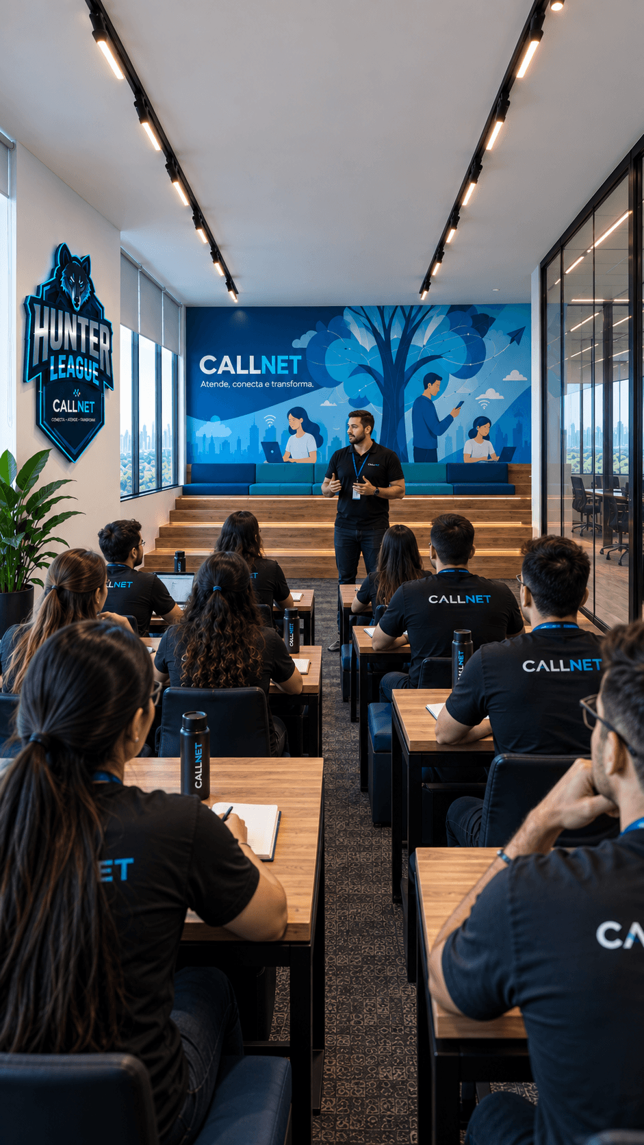 Sala de treinamento da Hunter League na CallNet, com arquibancada de madeira, mural CallNet ao fundo, símbolo Hunter League na parede lateral e equipe uniformizada em treinamento.