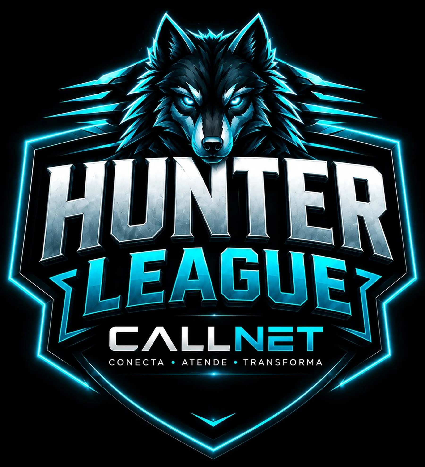 Brasão da Hunter League CallNet: um lobo de olhos luminosos sobre um escudo com neon ciano.